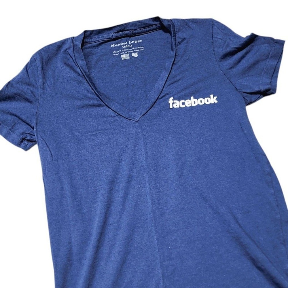 Marine Layer Facebook T-Shirt Women Small Blue V-Neck Tech Swag Short Sleeve